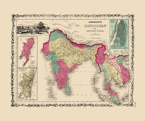 Hindostan British India - Johnson 1860 White Modern Wood Framed Art Print with Double Matting by Johnson