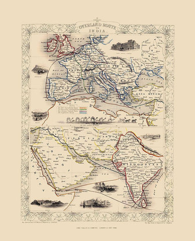 Overland Route To India - Tallis 1851 Black Ornate Wood Framed Art Print with Double Matting by Tallis