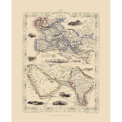 Overland Route To India - Tallis 1851 Black Modern Wood Framed Art Print with Double Matting by Tallis