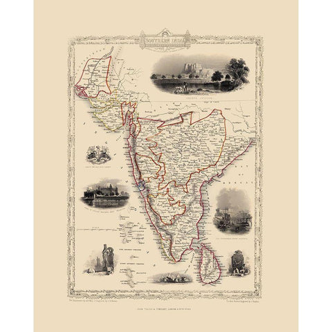 Southern India Sri Lanka - Tallis 1851 Black Modern Wood Framed Art Print with Double Matting by Tallis