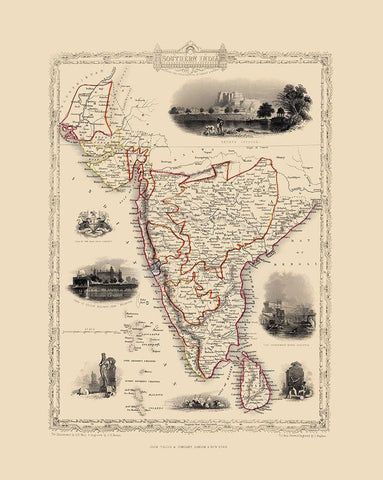 Southern India Sri Lanka - Tallis 1851 White Modern Wood Framed Art Print with Double Matting by Tallis