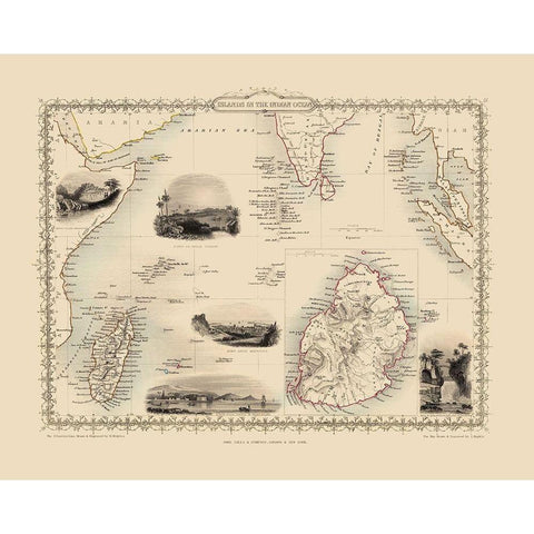 Indian Ocean Islands - Tallis 1851 Gold Ornate Wood Framed Art Print with Double Matting by Tallis