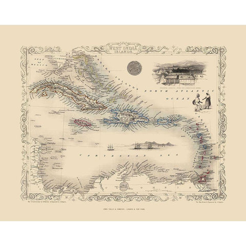 Caribbean Islands West Indies - Tallis 1851 Gold Ornate Wood Framed Art Print with Double Matting by Tallis