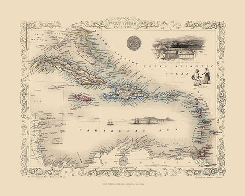 Caribbean Islands West Indies - Tallis 1851 Black Ornate Wood Framed Art Print with Double Matting by Tallis