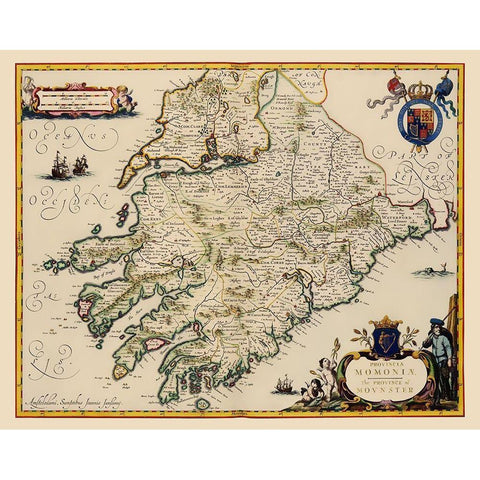 Munster Province Ireland - Jansson 1646 Gold Ornate Wood Framed Art Print with Double Matting by Jansson