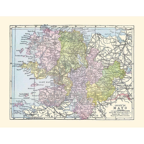 Mayo County Ireland - Bartholomew 1882 Gold Ornate Wood Framed Art Print with Double Matting by Bartholomew