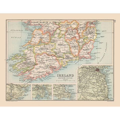 Southern Ireland - Bartholomew 1892 Gold Ornate Wood Framed Art Print with Double Matting by Bartholomew