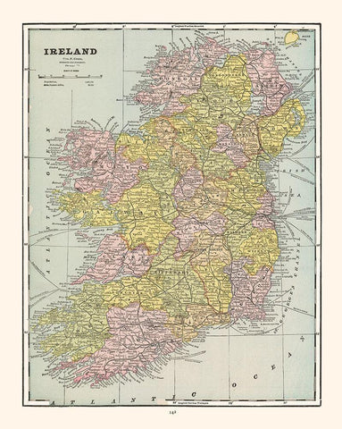 Ireland - Cram 1892 Black Ornate Wood Framed Art Print with Double Matting by Cram