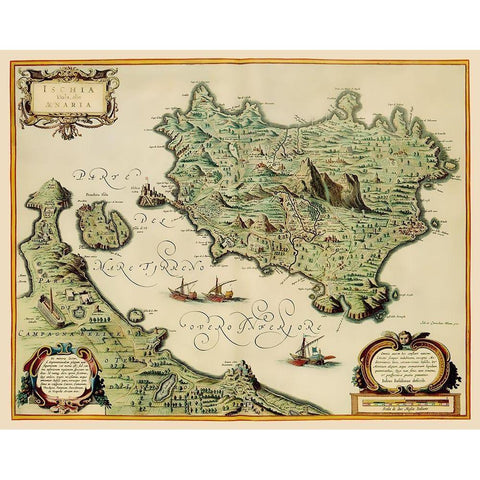 Ischia Italy - Blaeu 1640 Gold Ornate Wood Framed Art Print with Double Matting by Blaeu