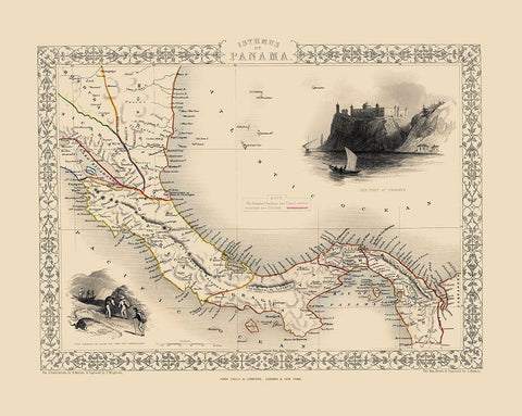 Isthmus of Panama Central America - Tallis 1851 White Modern Wood Framed Art Print with Double Matting by Tallis