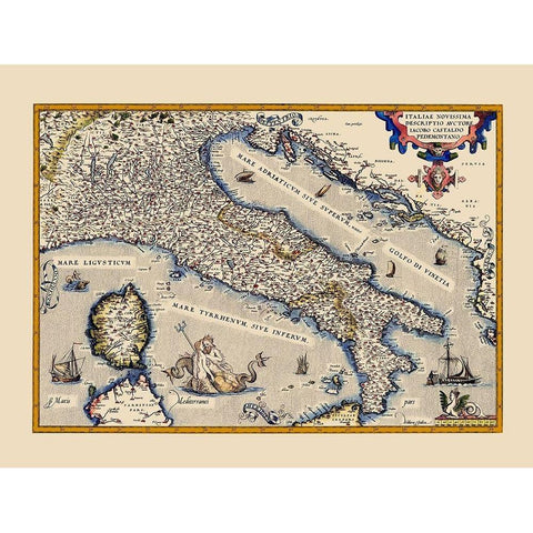 Italy - Ortelius 1570 Gold Ornate Wood Framed Art Print with Double Matting by Ortelius