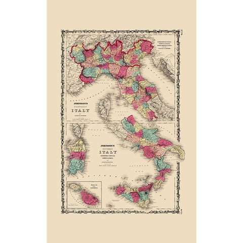 Northern Southern Italy - Johnson 1860 Gold Ornate Wood Framed Art Print with Double Matting by Johnson