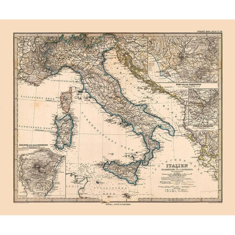 Italy - Stieler 1885 Black Modern Wood Framed Art Print with Double Matting by Stieler