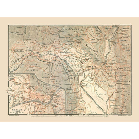 Meran Region Italy - Baedeker 1910 Black Modern Wood Framed Art Print with Double Matting by Baedeker