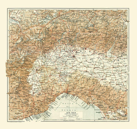 Northwestern Italy - Bertarelli 1914 White Modern Wood Framed Art Print with Double Matting by Bertarelli