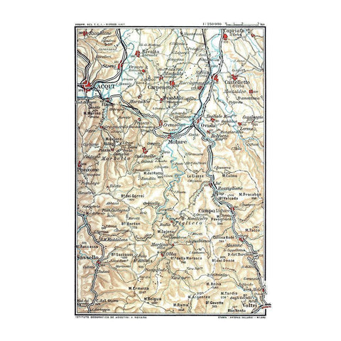 Northwest Italy Molare - Bertarelli 1914 White Modern Wood Framed Art Print by Bertarelli