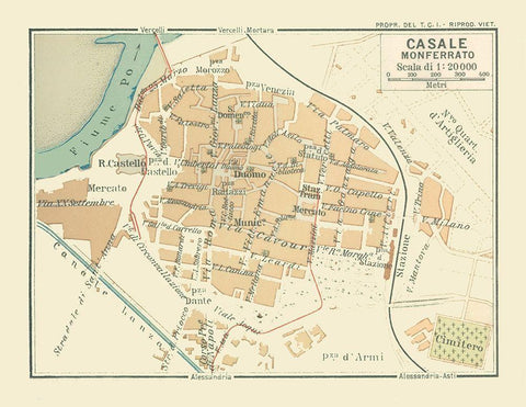 Casale Italy - Bertarelli 1914 Black Ornate Wood Framed Art Print with Double Matting by Bertarelli