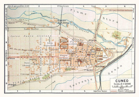 Cuneo Italy - Bertarelli 1914 Black Ornate Wood Framed Art Print with Double Matting by Bertarelli