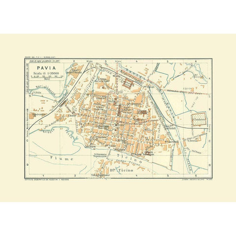 Pavia Italy - Bertarelli 1914 Gold Ornate Wood Framed Art Print with Double Matting by Bertarelli