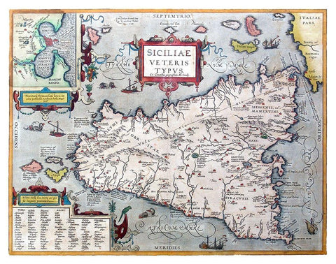 Ancient Sicily Italy - Ortelius 1570 Black Ornate Wood Framed Art Print with Double Matting by Ortelius