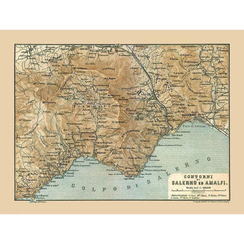 Salerno Amalfi Italy - Baedeker 1880 Gold Ornate Wood Framed Art Print with Double Matting by Baedeker