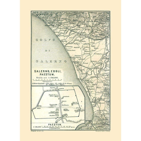 Salerno Eboli Paestrum Italy - Baedeker 1880 White Modern Wood Framed Art Print by Baedeker