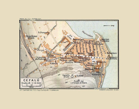 Cefalu Sicily Italy - Baedeker 1880 Black Ornate Wood Framed Art Print with Double Matting by Baedeker