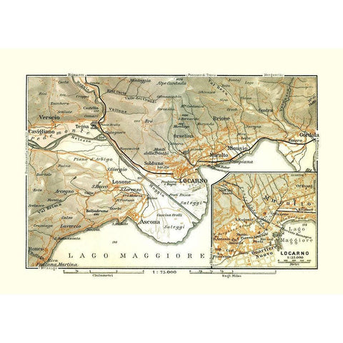 Locarno Region Italy - Bertarelli 1914 Black Modern Wood Framed Art Print with Double Matting by Bertarelli