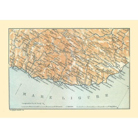 Ligurian Sea Italy - Bertarelli 1914 Black Modern Wood Framed Art Print with Double Matting by Bertarelli