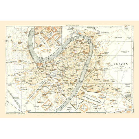 Verona Italy - Bertarelli 1914 Gold Ornate Wood Framed Art Print with Double Matting by Bertarelli