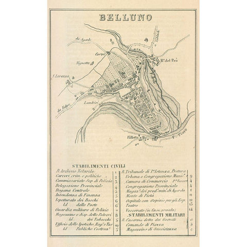 Belluno Italy - Castro 1870  Black Modern Wood Framed Art Print with Double Matting by Castro