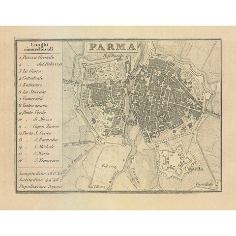 Parma Italy - Castro 1870  Black Modern Wood Framed Art Print with Double Matting by Castro