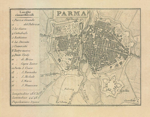 Parma Italy - Castro 1870  White Modern Wood Framed Art Print with Double Matting by Castro
