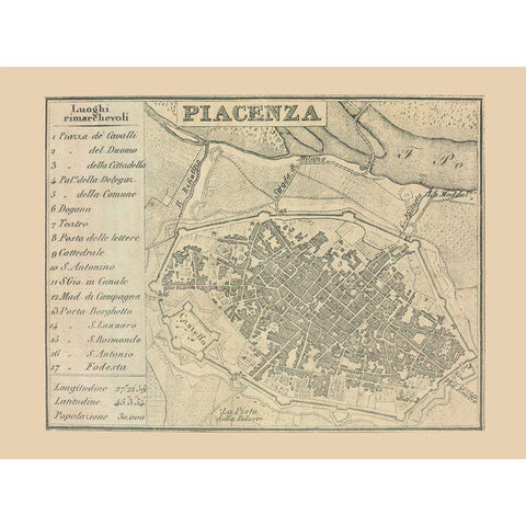 Piacenza Italy - Castro 1870  Black Modern Wood Framed Art Print with Double Matting by Castro