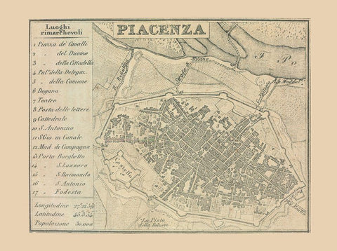 Piacenza Italy - Castro 1870  Black Ornate Wood Framed Art Print with Double Matting by Castro