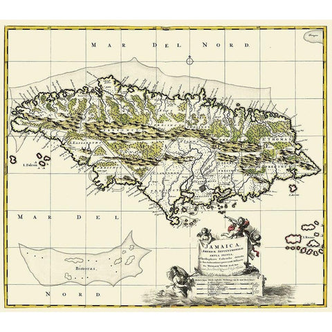 Americae Septentrionalis Caribbean Jamaica Gold Ornate Wood Framed Art Print with Double Matting by Visser