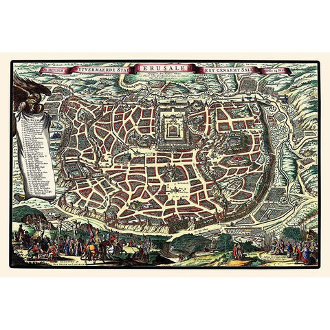 Jerusalem Israel Panoramic - Visscher 1660 Gold Ornate Wood Framed Art Print with Double Matting by Visscher