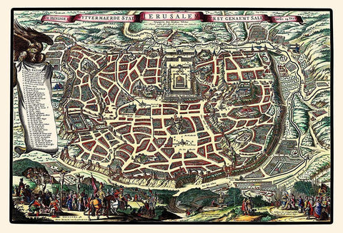 Jerusalem Israel Panoramic - Visscher 1660 Black Ornate Wood Framed Art Print with Double Matting by Visscher