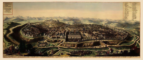 Jerusalem Israel Panoramic - 1690 Black Ornate Wood Framed Art Print with Double Matting by Unknown