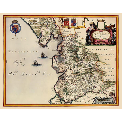 Lancashire County England - Blaeu 1645 Black Modern Wood Framed Art Print with Double Matting by Blaeu