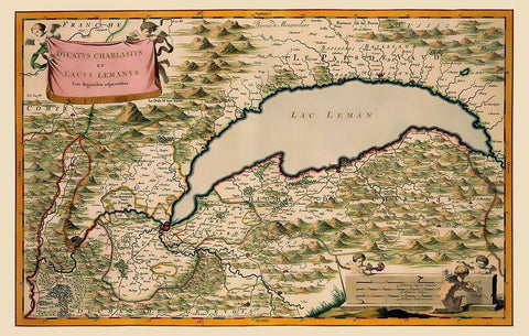 Lake Leman Region Switzerland France Europe Black Ornate Wood Framed Art Print with Double Matting by Blaeu