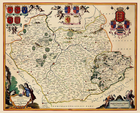 Leicestershire County England - Blaeu 1646 White Modern Wood Framed Art Print with Double Matting by Blaeu