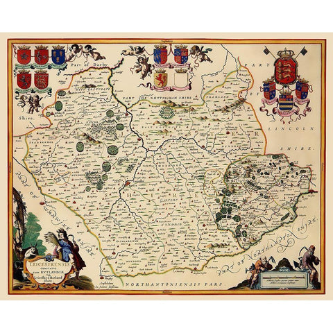 Leicestershire County England - Blaeu 1646 Gold Ornate Wood Framed Art Print with Double Matting by Blaeu