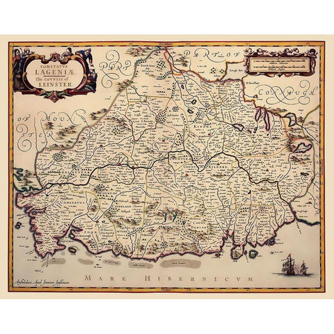 Leinster Province Ireland - Jansson 1646 Gold Ornate Wood Framed Art Print with Double Matting by Jansson