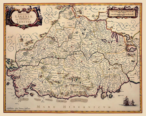 Leinster Province Ireland - Jansson 1646 Black Ornate Wood Framed Art Print with Double Matting by Jansson