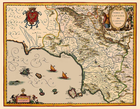 Livorno Region Italy - Blaeu 1640 Black Ornate Wood Framed Art Print with Double Matting by Blaeu