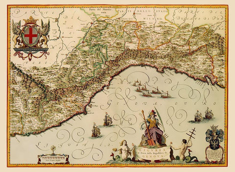 Liguria Region Italy - Blaeu 1640 White Modern Wood Framed Art Print with Double Matting by Blaeu