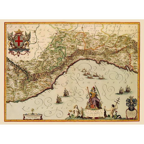 Liguria Region Italy - Blaeu 1640 Gold Ornate Wood Framed Art Print with Double Matting by Blaeu