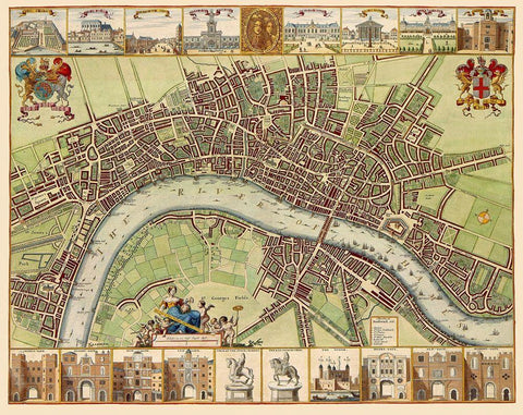 London Thames River England - DeHooghe 1689 Black Ornate Wood Framed Art Print with Double Matting by De Hooghe