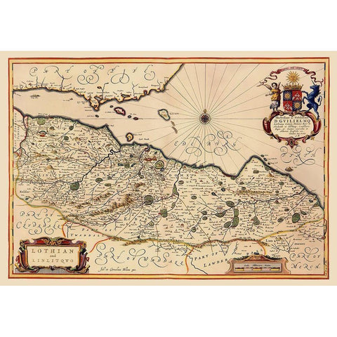 Lothian Region Scotland - Blaeu 1640 Gold Ornate Wood Framed Art Print with Double Matting by Blaeu
